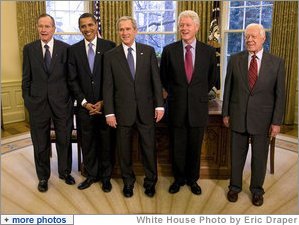 President George W. Bush meets with former Presidents George H.W. Bush, Bill Clinton and Jimmy Carter and President-elect Barack Obama Wednesday, Jan. 7, 2009 in the Oval Office of the White House. White House photo by Eric Draper