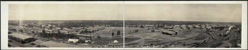 Black and white panoramic image of buildings and tents at Camp Pike, Arkansas