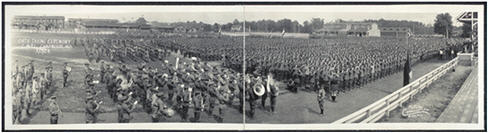 A black and white image of hundreds of soldiers and a band lined up to take oath at Camp Meade, Maryland, 1924.