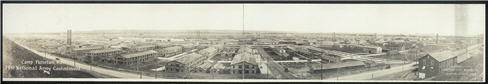 A black and white panoramic, aerial view of Camp Funston, Kansas.
