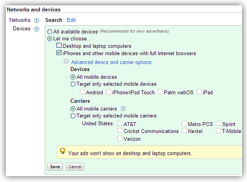 mobileads device carrier settings