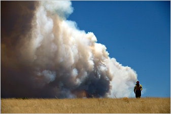 Theresa Mendoza, a fire public information officer, in front of smoke from the Wallow fire in Springerville, Ariz.