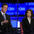 Former Pennsylvania Sen. Rick Santorum and Rep. Michele Bachmann, pictured here at the New Hampshire Republican presidential debate on June 13, have signed a pledge to push through anti-abortion measures if elected president.