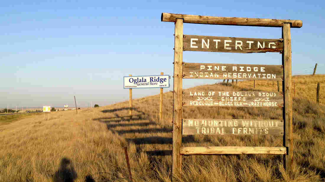 The entrance to the Pine Ridge Indian Reservation in South Dakota, home to the Oglala Sioux tribe.