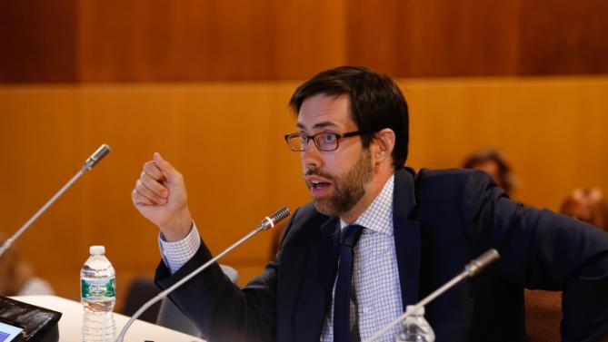 IMAGE DISTRIBUTED FOR COMMISSION TO ELIMINATE CHILD ABUSE AND NEGLECT FATALITIES - New York State Senator of the 26th District, Daniel Squadron testifies at the Commission to Eliminate Child Abuse and Neglect Meeting at the ACS Children's Center Auditorium on Thursday August 6, 2015 in New York. (Mark Von Holden / AP Images for Commission to Eliminate Child Abuse and Neglect Fatalities)