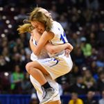 Academy of Holy Angels' Laura Bagwell-Katalinich, standing, hugs Megan Thompson after the Stars beat Winona, 51-43, in the Class 3A championship game of the State Girls' Basketball Tournament. Photo by John Autey of the @pipress.