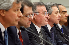 [Executives from financial institutions that received TARP funds, (L-R) J.P. Morgan Chase & Co CEO Jamie Dimon, Bank of New York Mellon CEO Robert P. Kelly, Bank of America CEO Ken Lewis, State Street Corporation CEO Ronald Logue and Morgan Stanley CEO John Mack testify before the House Financial Services Committee February 11, 2009 in Washington, DC. ]