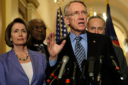 [Senate Majority Leader Harry Reid and House Speaker Nancy Pelosi speak to the press on the economic-recovery package.]