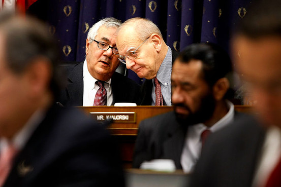 House Financial Services Committee Chairman Barney Frank (left) and Rep. Paul Kanjorski speak during the testimony of executives from banks and financial institutions that received bailout money.