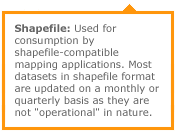 Used by shapefile-compatible mapping applications and are updated monthly/quarterly.