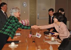 March 28, 2011 - HHS Secretary Kathleen Sebelius greeting Korean Minister of Health Dr. Chin SooHee.