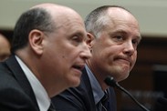 Former Fannie Mae executives Robert Levin (far left) and Daniel Mudd testtify before the Financial Crisis Inquiry Commission.