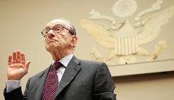 Former Federal Reserve Board Chairman Alan Greenspan is sworn in during a hearing before the Financial Crisis Inquiry Commission.