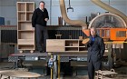 Edward Tadros (left) of Ercol and Sir Terence Conran at Ercol?s factory in Princes Risborough with 
examples of Conran?s new Barton furniture collection: (from left) Elipse coffee-table, £650, free-standing shelving, £1,295, low media cabinet, £1,195, Bentwood nest of side tables, £595