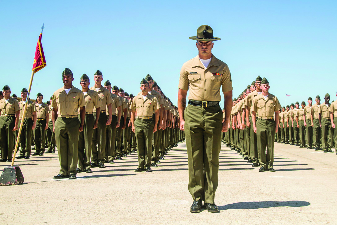 Source: DoD, New Marines stand in formation at Marine Corps Recruit Depot, San Diego.