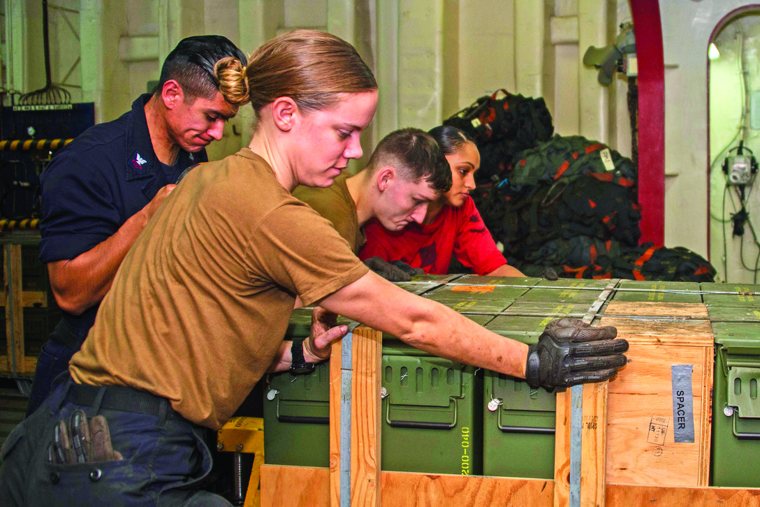 Source: DoD, Navy sailors move a pallet of ammunition while on board the USS Iwo Jima.