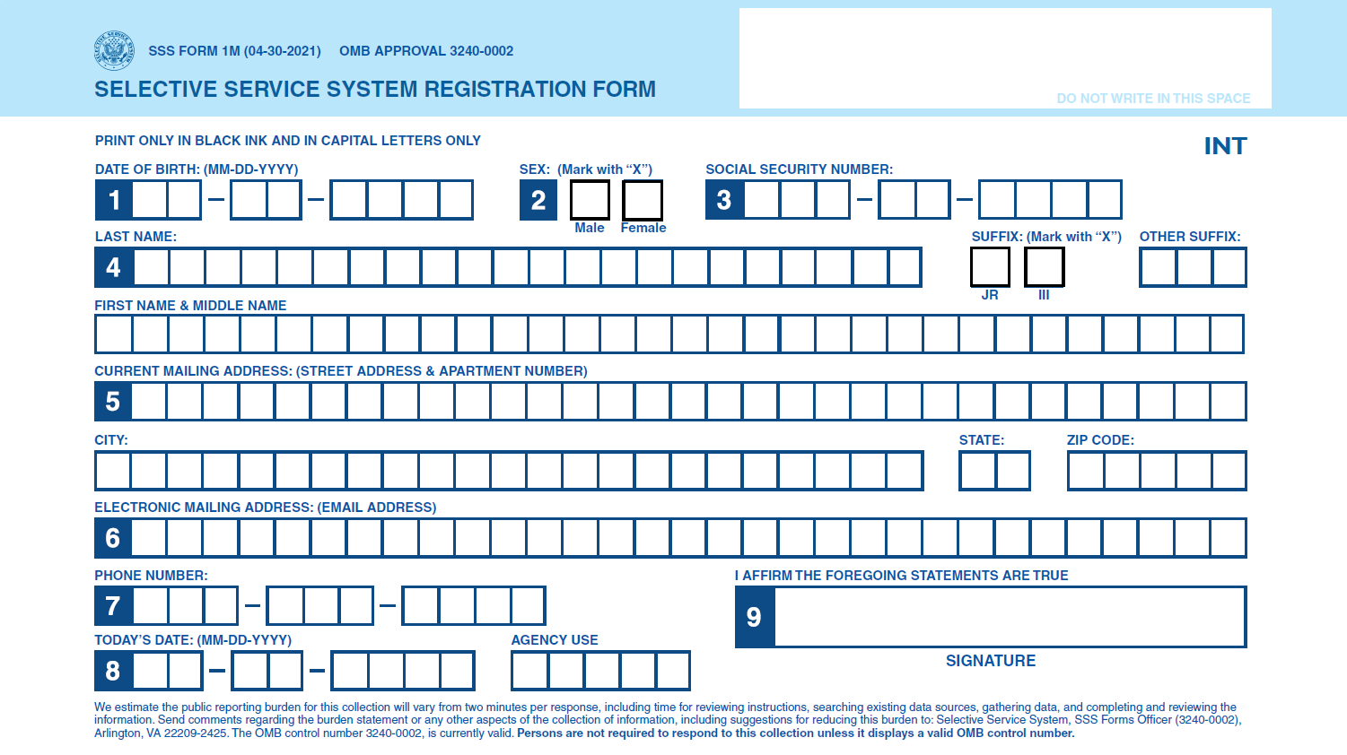 Source: Selective Service System, Selective Service System Registration Form