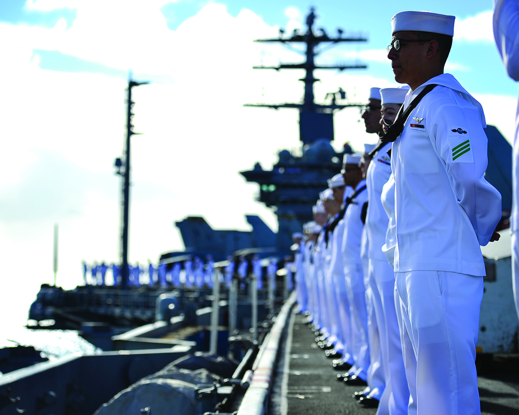 Source: U.S. Navy, Navy sailors aboard the USS Nimitz enter Pearl Harbor, Hawaii.