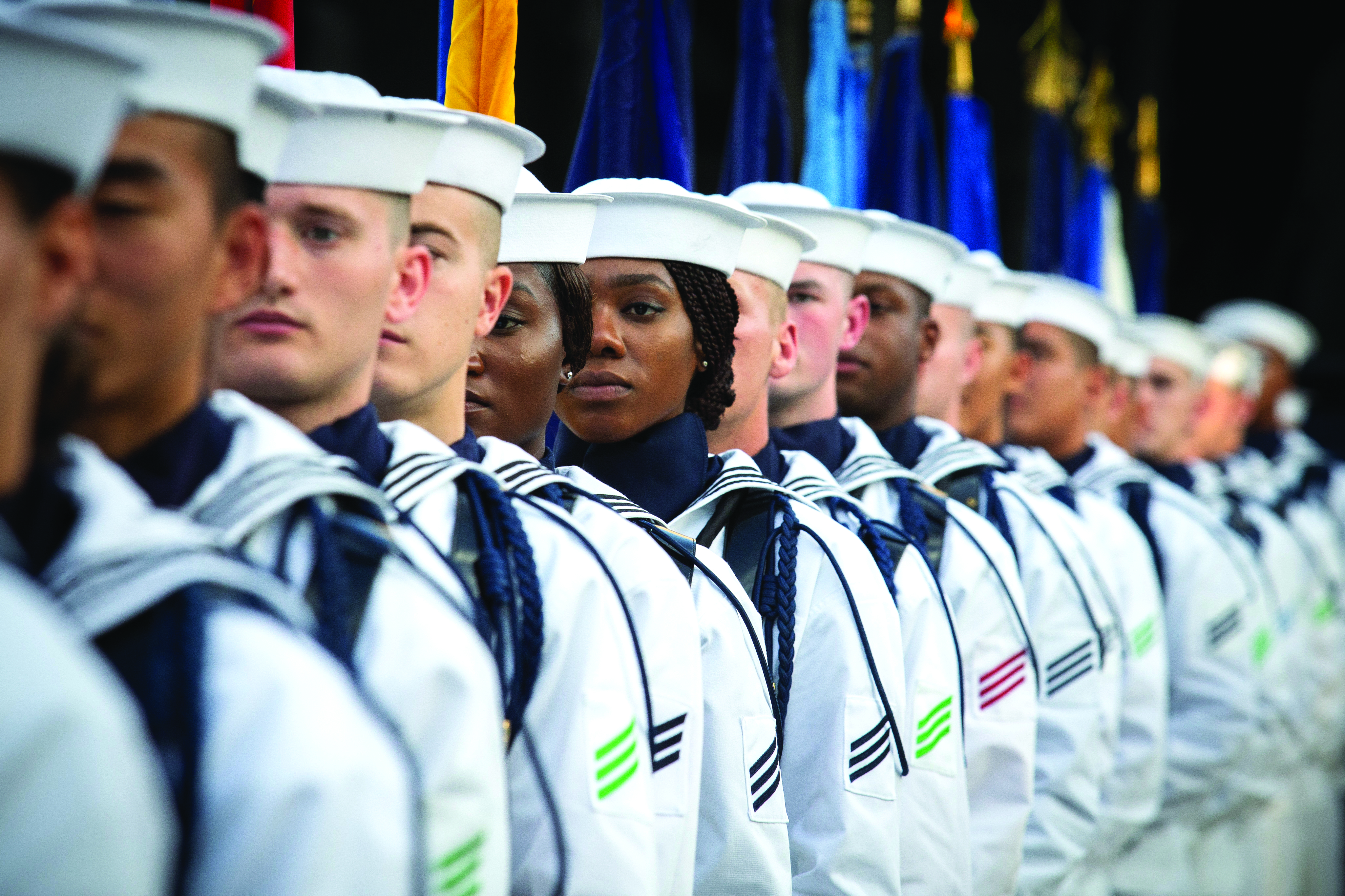 Source: U.S. Navy, Sailors in the U.S. Navy Ceremonial Guard wait to parade the colors in Washington, DC.