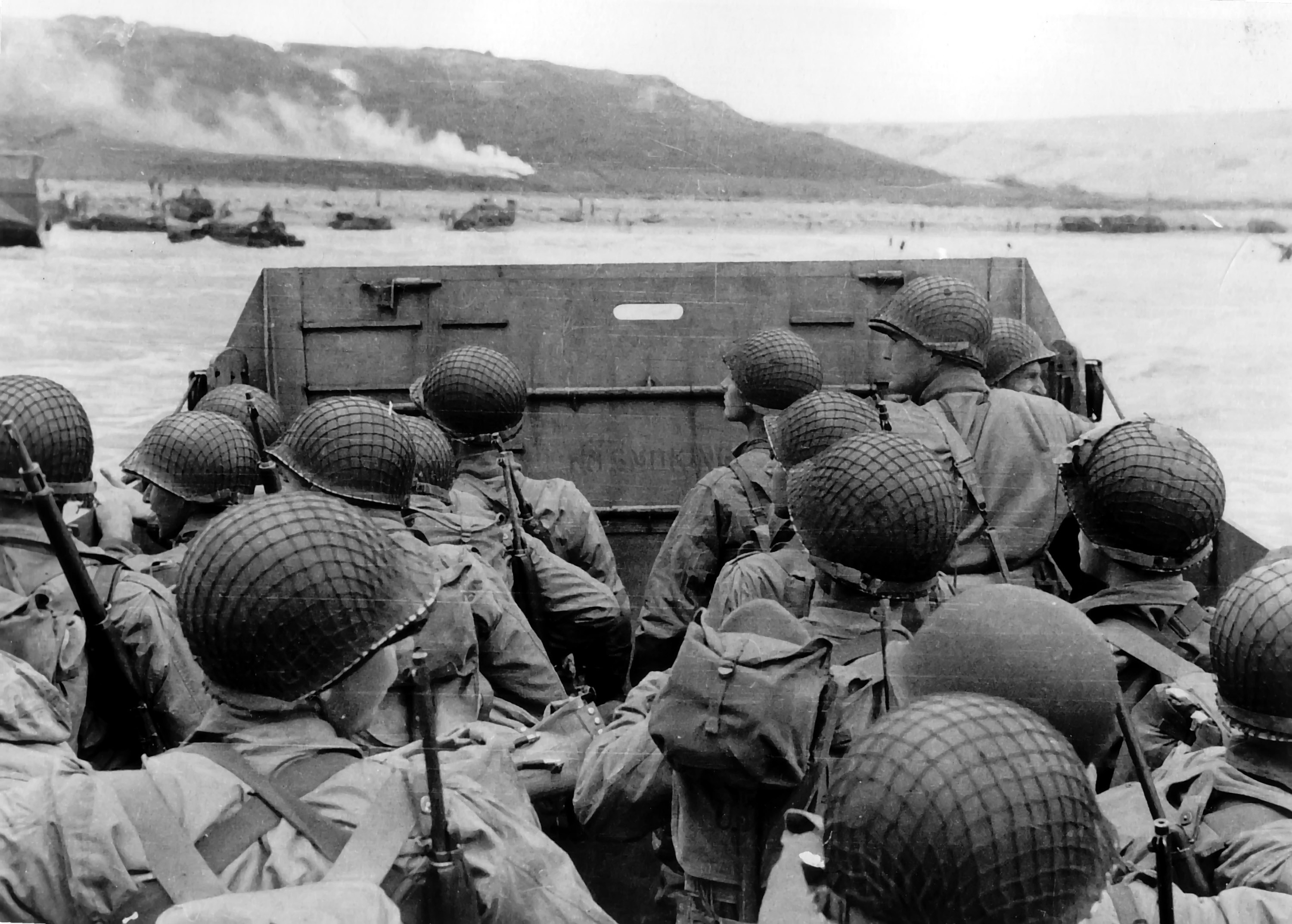 Source: U.S. Army Signal Corps, U.S. troops approach Omaha Beach on D-Day.