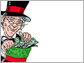 Illustration of an old man wearing a top hat holding a Christmas stocking filled with cash.