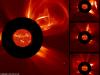 Three coronagraph images of CMEs taken by SOHO with inner disk solar images taken at the same time by SDO.