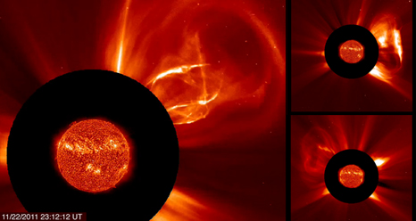 Three coronagraph images of CMEs taken by SOHO with inner disk solar images taken at the same time by SDO.
