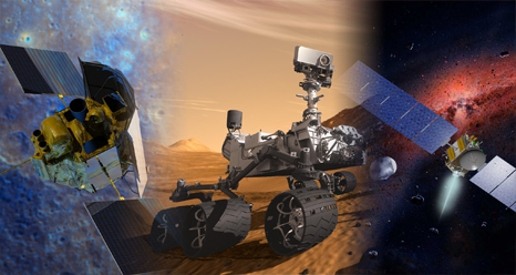 Artist concept of NASA's MESSENGER, Mars Science Laboratory and Dawn missions