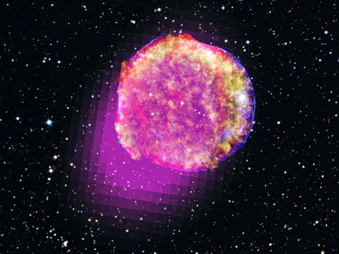 This portrait of Tycho's supernova includes gamma rays (magenta), X-rays (yellow, green, and blue), infrared (red) and optical data.
