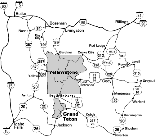 Map showing routes into Yellowstone National Park.