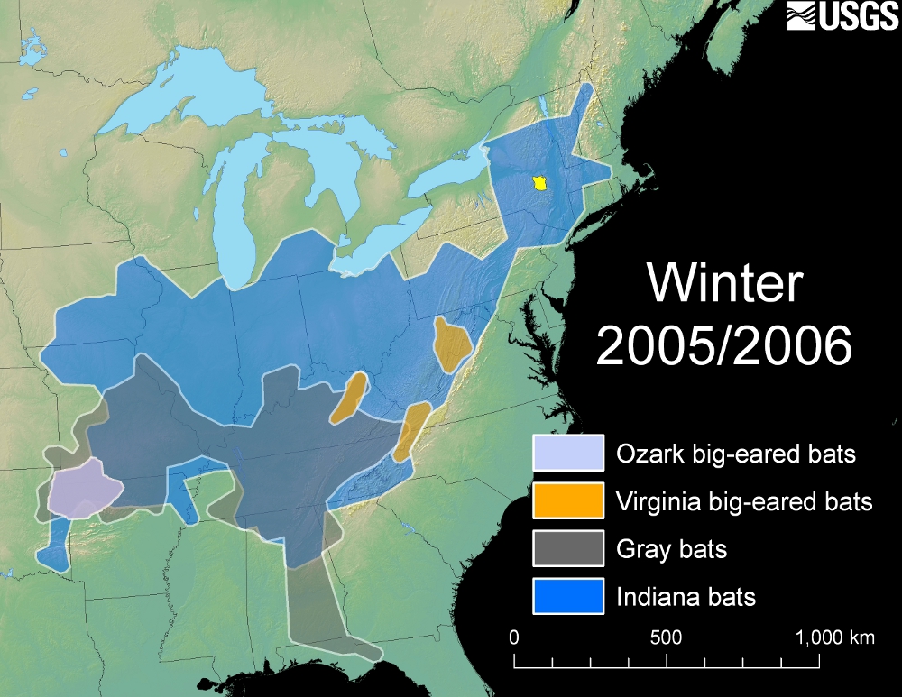 Map illustrating the distribution of endangered species of hibernating bats in relation to the expanding distribution of White-Nose Syndrome.