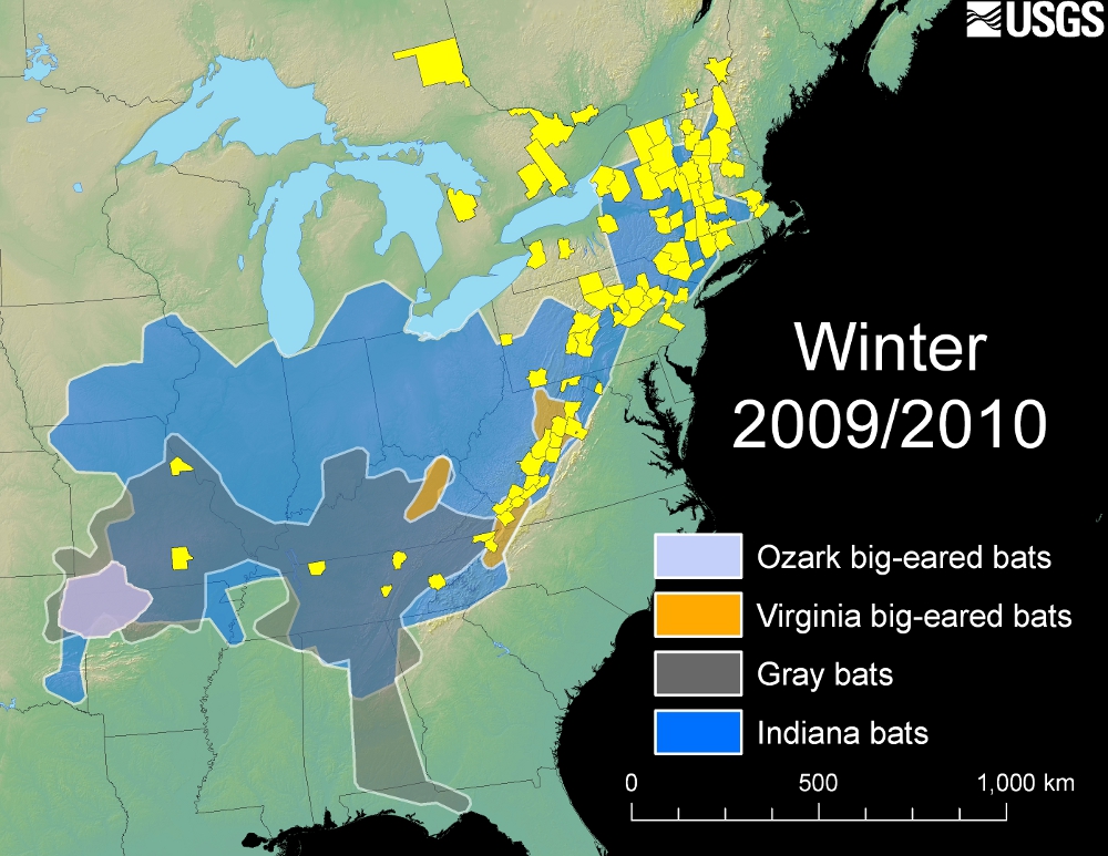 Map illustrating the distribution of endangered species of hibernating bats in relation to the expanding distribution of White-Nose Syndrome.