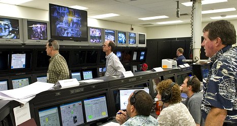 Engineers and technicians in the A2 Test Control Center at Stennis Space Center in southern Mississippi monitor activities during a Nov. 9 test of a next-generation J2X rocket engine.