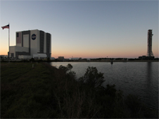 Mobile launcher rolling toward Vehicle Assembly Building
