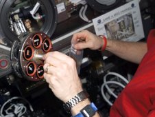 The Smoke Aerosol Measurement Experiment, or SAME, sample carousel aboard the International Space Station.