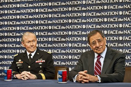 Defense Secretary Leon E. Panetta, right, and Army Gen. Martin E. Dempsey, chairman of the Joint Chiefs of Staff, left, answer questions on "Face the Nation," a CBS news program, in Washington, D.C., Jan. 6, 2012. Panetta and Dempsey discussed a range of defense issues.