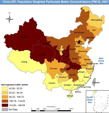 Map showing concentrations of particulate matter at the province-level in China
