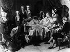 A 1791 painting of Wolfgang Amadeus Mozart on his deathbed, surrounded by his wife and friends.
