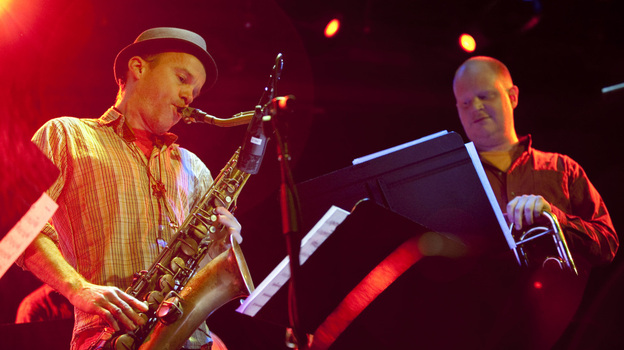 Curtis Hasselbring (right) leads the New Mellow Edwards at Winter Jazzfest 2012, including saxophonist Chris Speed.