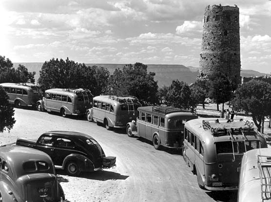 Fred Harvey Tour Busses Parked In Front Of The Desert View Watchtower. Circa 1938 NPS