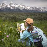 Child reading in front of the Teton Range.
