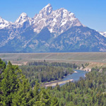 View of Teton Range from Snake River Overlook on sunny summer day.