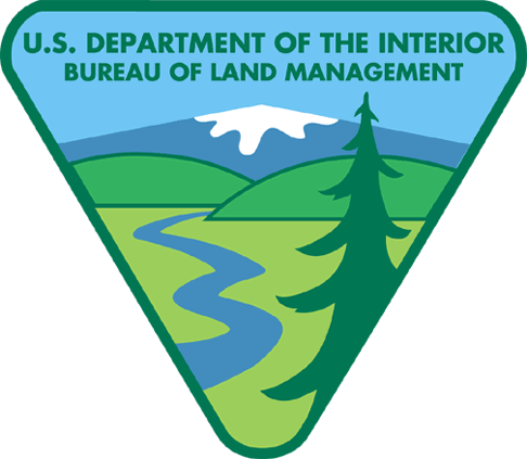 Bureau of Land Management logo image depicting a snowcapped mountain peak, river flowing through a valley, and a pine tree.