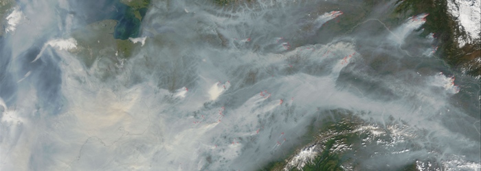 Satellite imagery shows fires throughout interior Alaska in 2005.<br/>Photo Credit: MODIS Image