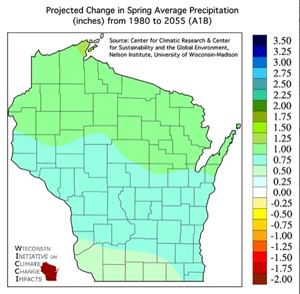 Projected change in the frequency of one inch rainfalls across Wisconsin in days per decade.