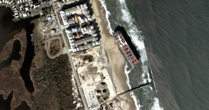 Aerial of a barge that grounded onto Virginia Beach