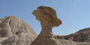 Sandstone caprock balanced atop eroding sediments, an example of a toadstool or hoodoo