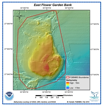 Bathymetric map of the sea floor at East Flower Garden Bank.  Shallowest areas are shown in red, with deeper areas progressing through orange, yellow, light blue, and dark blue as the terrain gets deeper.