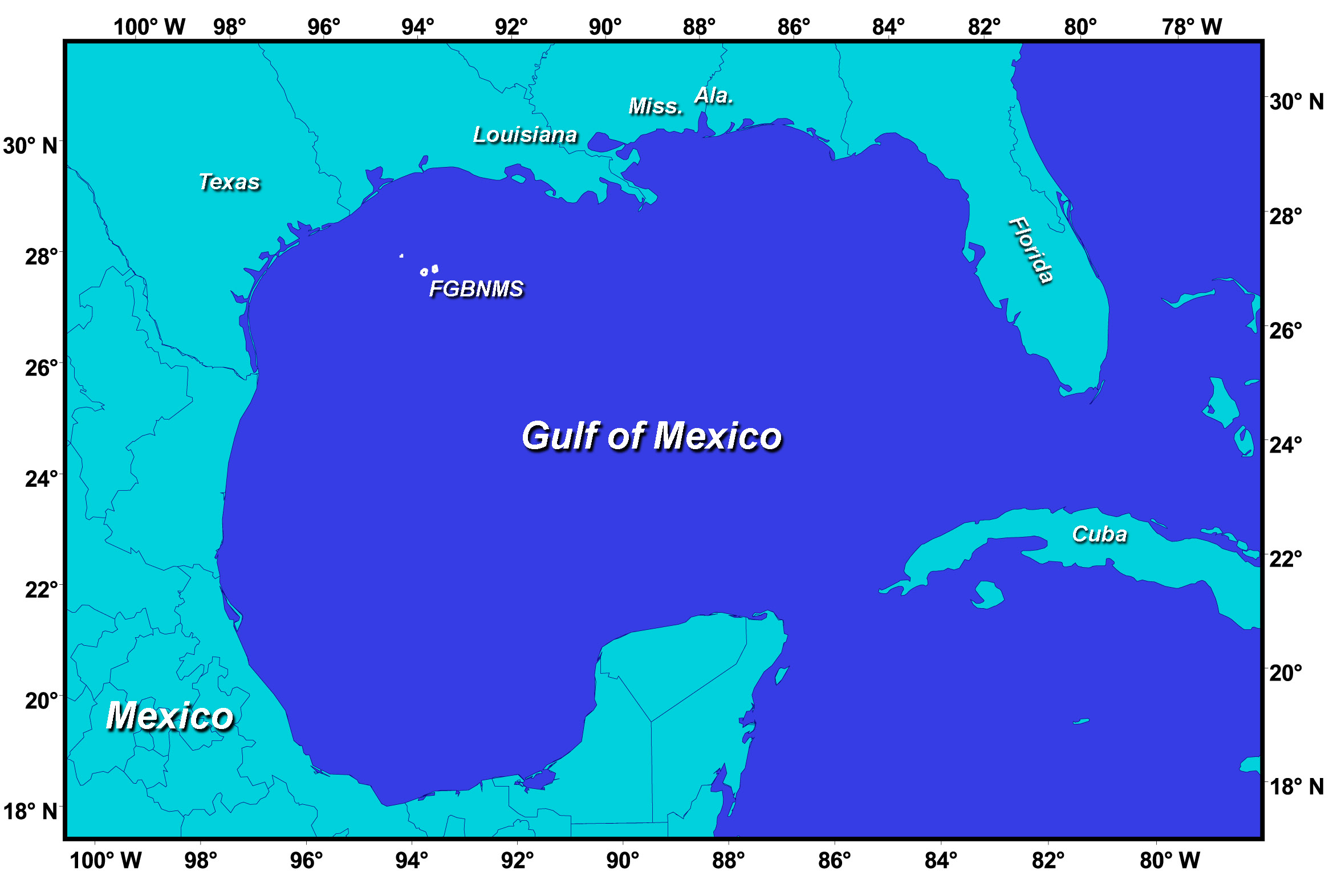 Gulf of Mexico map showing approximate location of Flower Garden Banks National Marine Sanctuary. East & West Flower Garden Banks are almost directly south of Texas/Louisana border. Stetson Bank is almost directly south of Galveston, Texas.