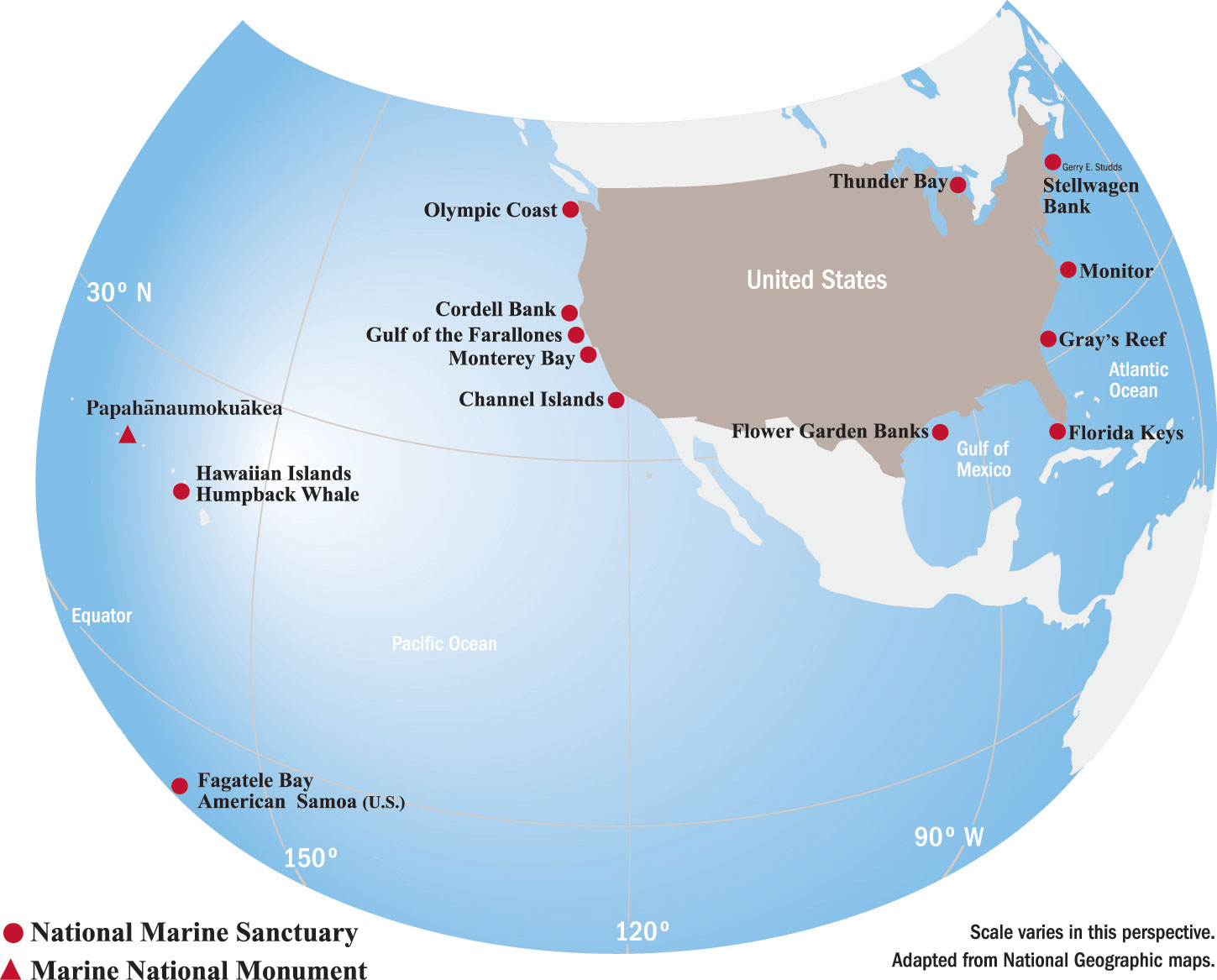 Map of North America and the Pacific Ocean with red dots showing the locations of all 14 sites managed by the national marine sanctuary system.